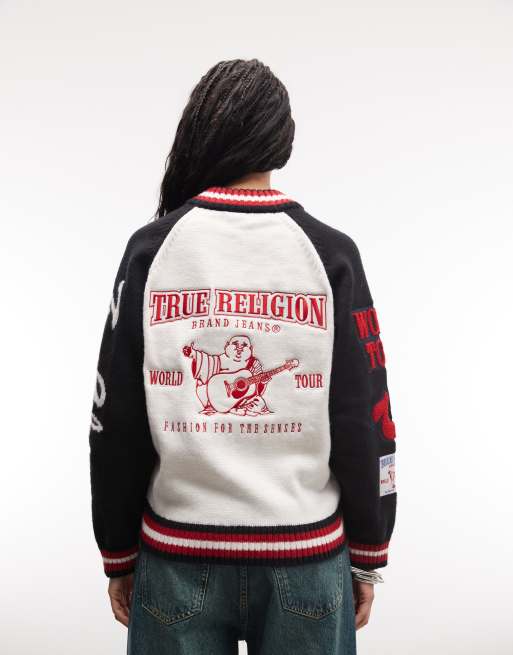 True Religion logo raglan zip through cardigan in black/white, 4 of 4
