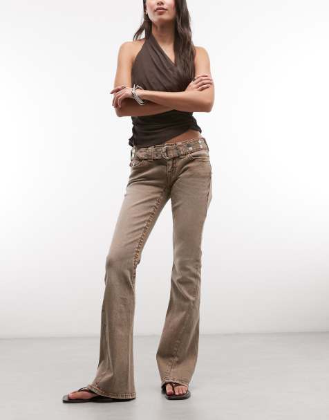 True Religion low rise studded belt detail flare jeans in fondue fudge - view 1