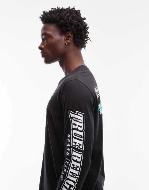 True Religion - Maglietta a maniche lunghe nera con stampa del logo in rilievo sul retro, 4 di 5