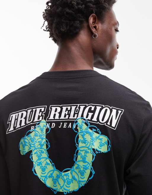 True Religion - Maglietta a maniche lunghe nera con stampa del logo in rilievo sul retro, 5 di 5