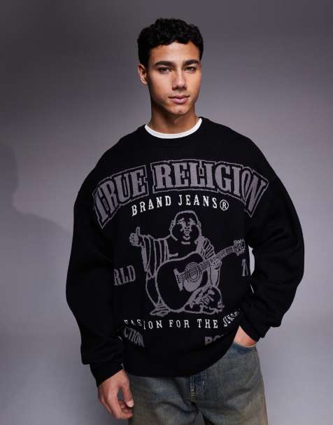 True Religion - Maglione nero con orlo elasticizzato, logo e grafica - view 1