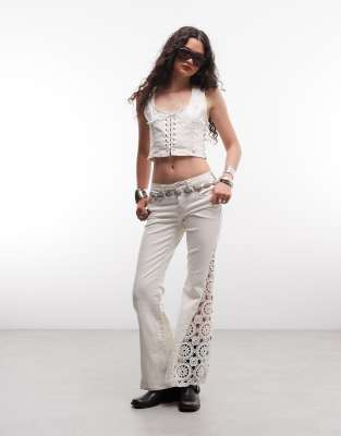 True Religion Mid Rise Crochet Detail Flare Jeans Co-ord In White