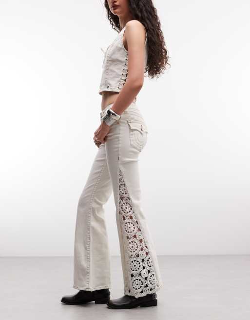 True Religion mid rise crochet detail flare jeans co-ord in white, 2 of 5