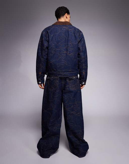 True Religion - Mikey - Mørkeblå og forvaskede superposede jeans med flaplommer og broderier - Del af sæt, 3 af 5