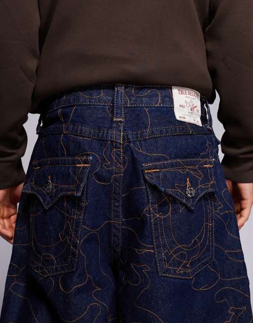 True Religion - Mikey - Mørkeblå og forvaskede superposede jeans med flaplommer og broderier - Del af sæt, 5 af 5