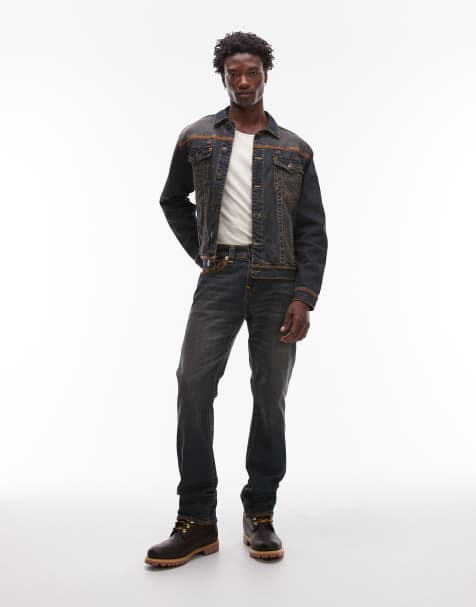 True Religion – Mörk indigoblå, tvättad jeansjacka i truckermodell med stora flatlocksömmar, del av set - view 1