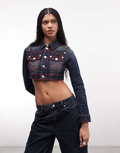 True Religion – Mörkblå, kort jeansjacka med kontrastfärgade sömmar - view 1