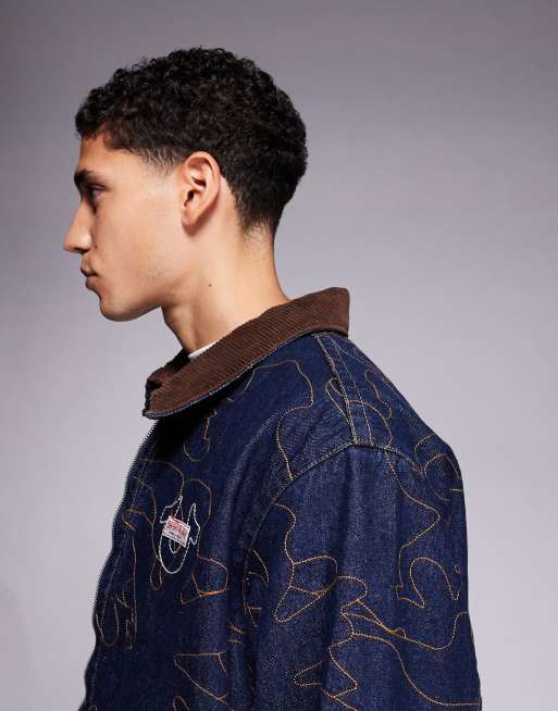 True Religion – Mörkblå, tvättad arbetsjacka med sänkt axelsöm och broderi, del av set, 4 av 5