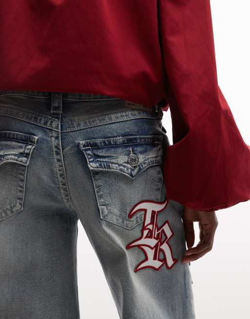 True Religion multi patch super baggy flap pocket jeans in light wash blue, 3 of 5