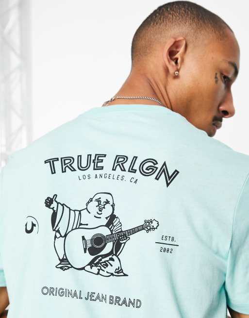 True Religion – Niebieski T-shirt z nadrukiem na plecach