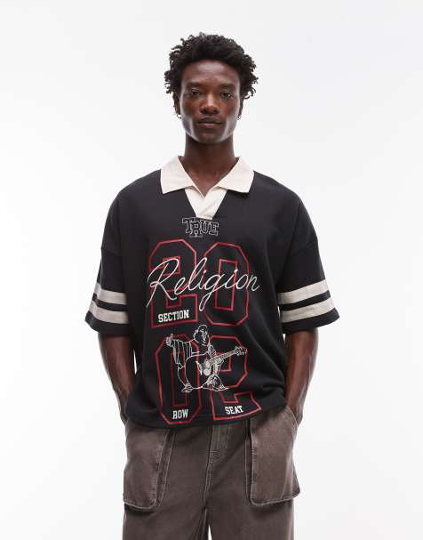 True Religion – Oversize-Top in Schwarz mit Sport-Motiv und kontrastierendem Kragendetail - view 1