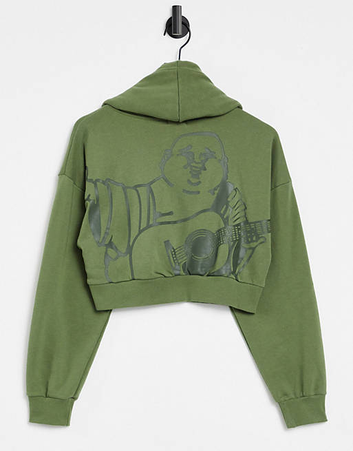 True Religion oversized buddha graphic zip hoodie in olive green