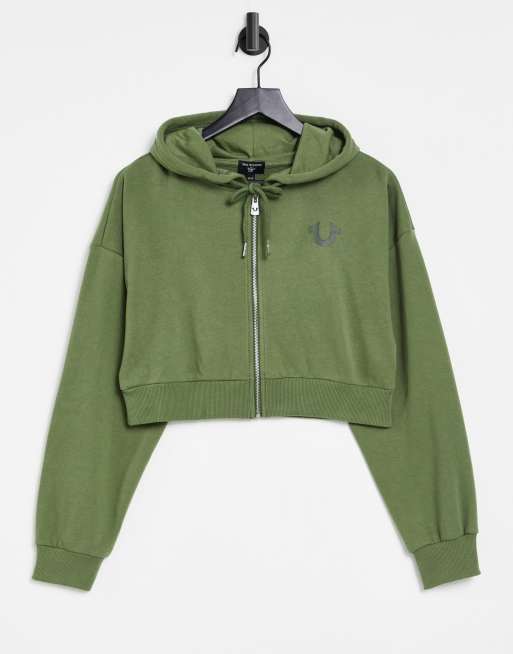 True Religion oversized buddha graphic zip hoodie in olive green