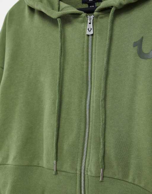 True Religion oversized buddha graphic zip hoodie in olive green