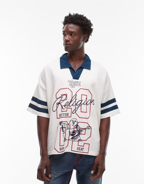 True Religion oversized contrast collar detail motif sports top in cream - view 1