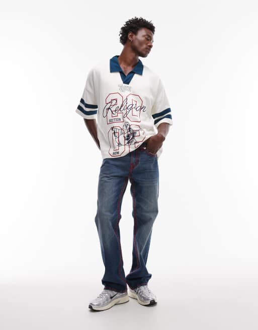 True Religion oversized contrast collar detail motif sports top in cream, 2 of 5