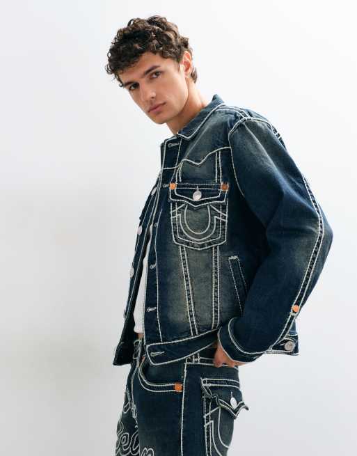 True Religion oversized fit Jimmy-truckerjacka med repstygn i blått, 5 av 5