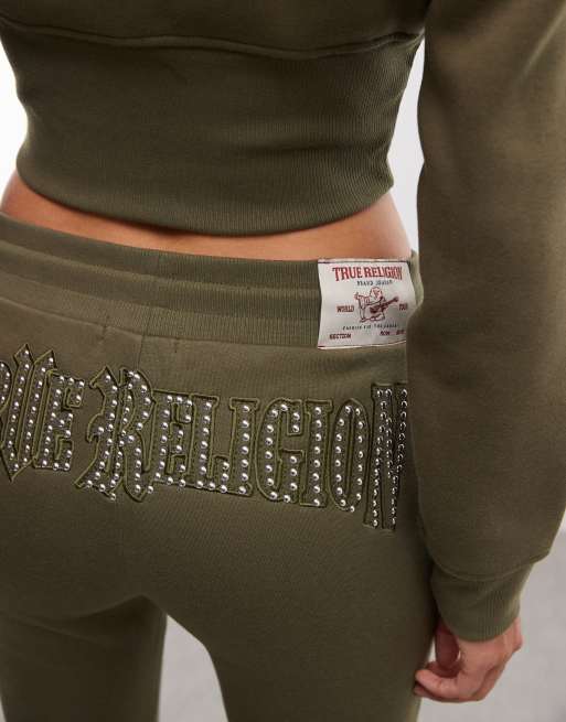 True Religion pantalon flare taille mi-haute à clous ensemble coordonné vert foncé, 4 de 5