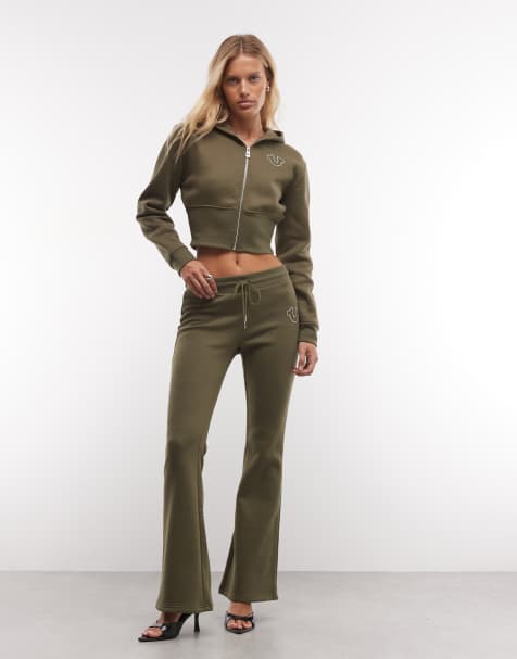 True Religion - pantalones acampanados de talle medio con tachuelas en verde oscuro, conjunto - view 1