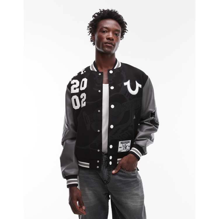True Religion patch detail varsity bomber jacket with faux leather