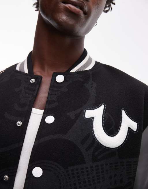 True Religion patch detail varsity bomber jacket with faux leather