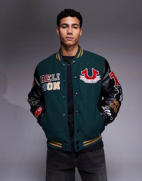 True Religion patch embroidered varsity jacket in green - view 1
