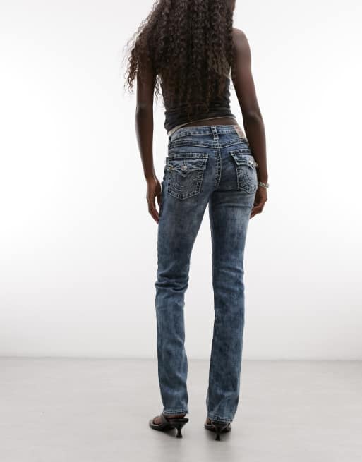 True Religion pierced billie mid rise straight flap pocket jeans in midwash blue, 3 of 5