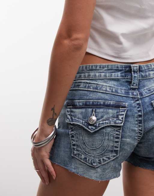 True Religion pierced joey low rise cut off flap pocket denim