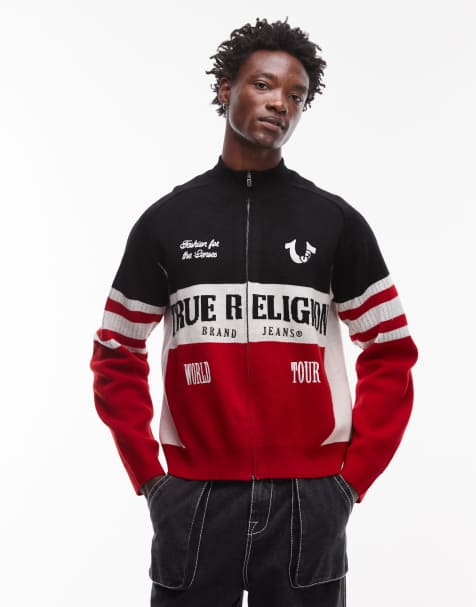 True Religion – Raglan-Strickjacke mit mehrfarbigen Kontrasteinsätzen, Motorsport-Motiven und Reißverschluss - view 1