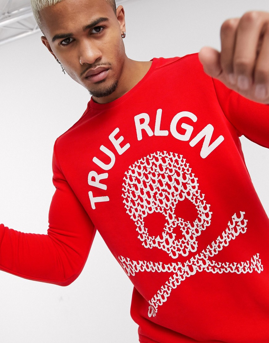 True Religion - Rød sweatshirt med tekstrureret kranielogo