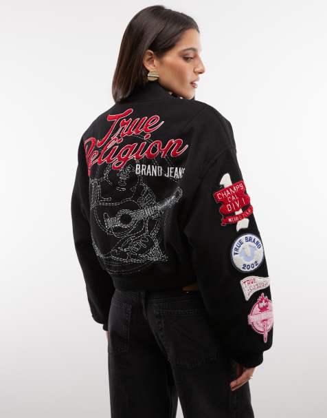 True Religion relaxed fit varsity-bomberjakke med broderet logo og hætte i sort - view 1