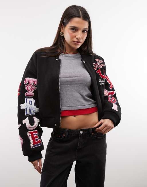 True Religion relaxed fit varsity-bomberjakke med broderet logo og hætte i sort, 2 af 4