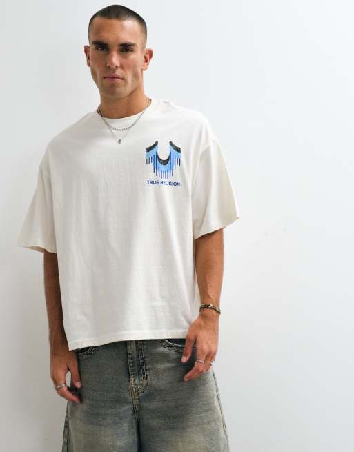 True Religion retro-logo oversized T-shirt med grafik på ryggen i råhvid, 2 af 5