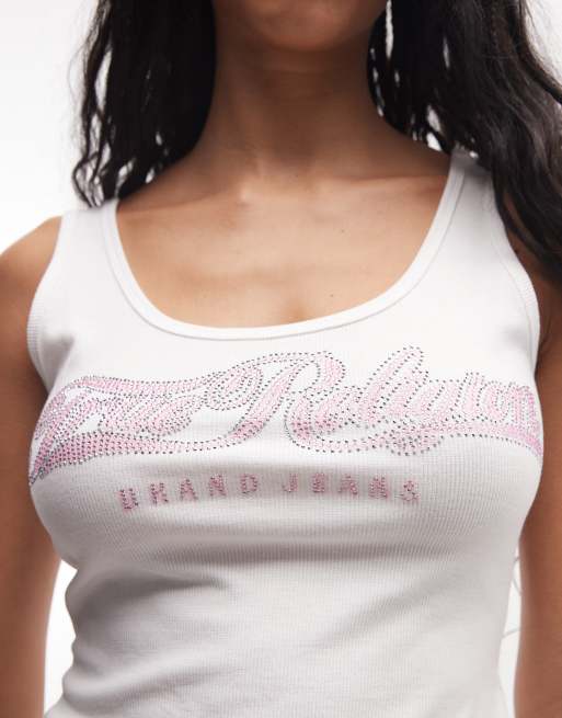 True Religion ribbed square neck tank top in jet optic white, 3 of 4