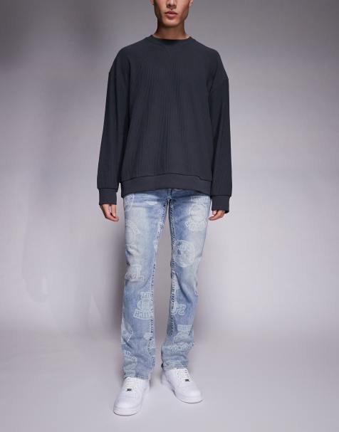 True Religion – Ricky – Gemusterte Straight-Jeans in hellblauer Waschung - view 1