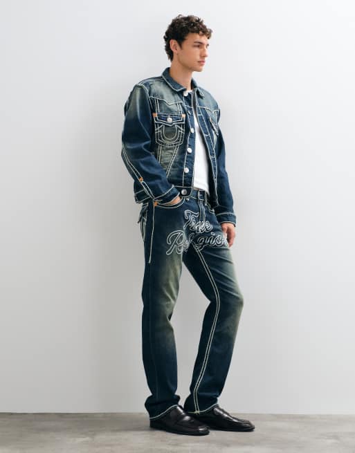 True Religion Ricky jeans med flaplommer, rebstik og løs pasform i dirty wash-blå, 2 af 5