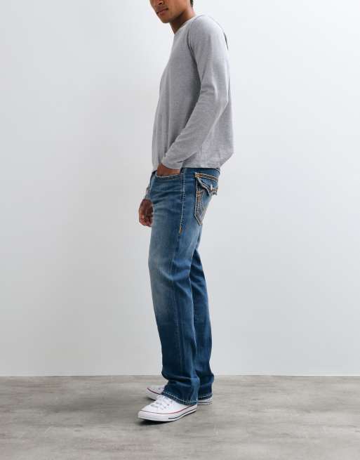 True Religion ricky jeans med lige pasform, ropestitch, flap-lommer og denim i mellemvask blå, 5 af 5
