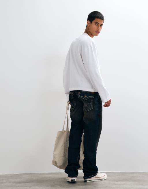 True Religion ricky straight fit flap pocket denim jeans in darkwash blue, 2 of 5