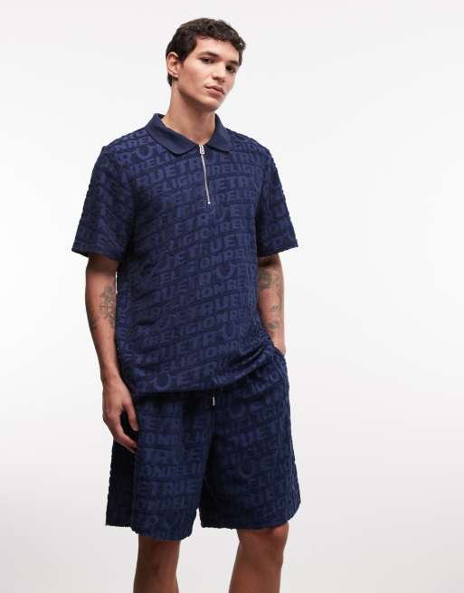 True Religion - Short d'ensemble en tissu éponge texturé à logo - Bleu nuit, 2 de 5