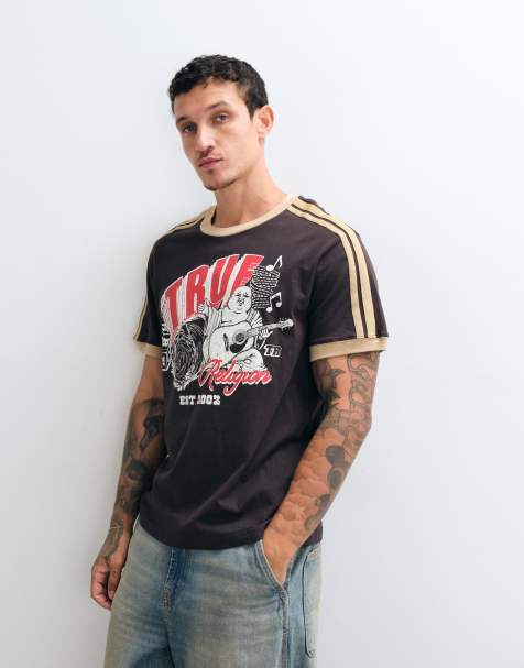 True Religion short sleeve graphic logo ringer t-shirt in brown - view 1