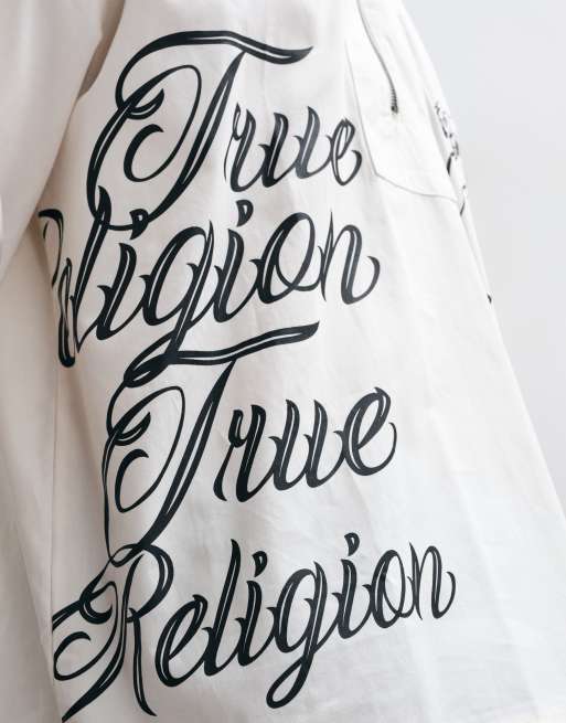 True Religion short sleeve half zip tiger back print graphic shirt in white, 2 of 5