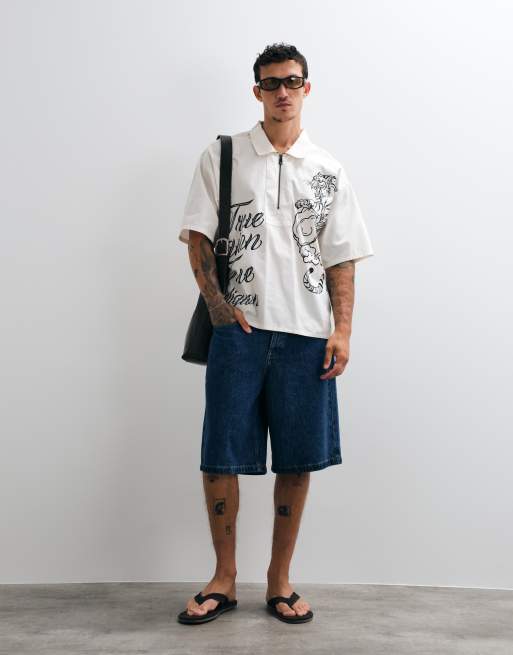 True Religion short sleeve half zip tiger back print graphic shirt in white, 4 of 5