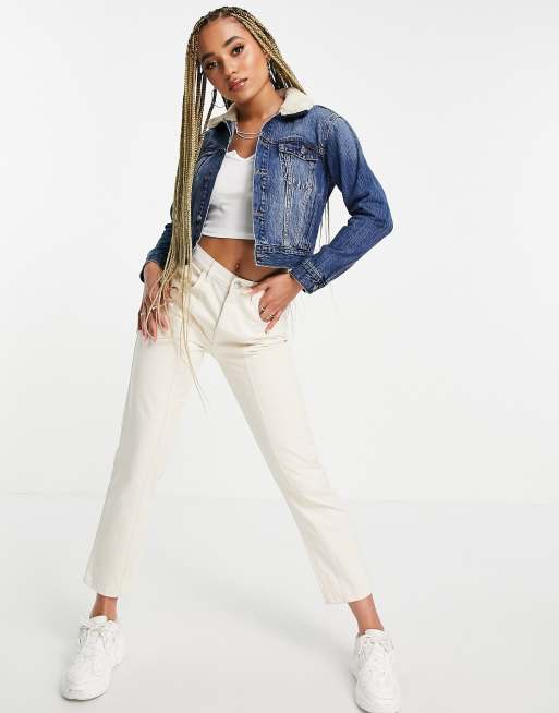 True Religion shrunken trucker jacket with sherpa collar in medium gold rush, 4 of 4