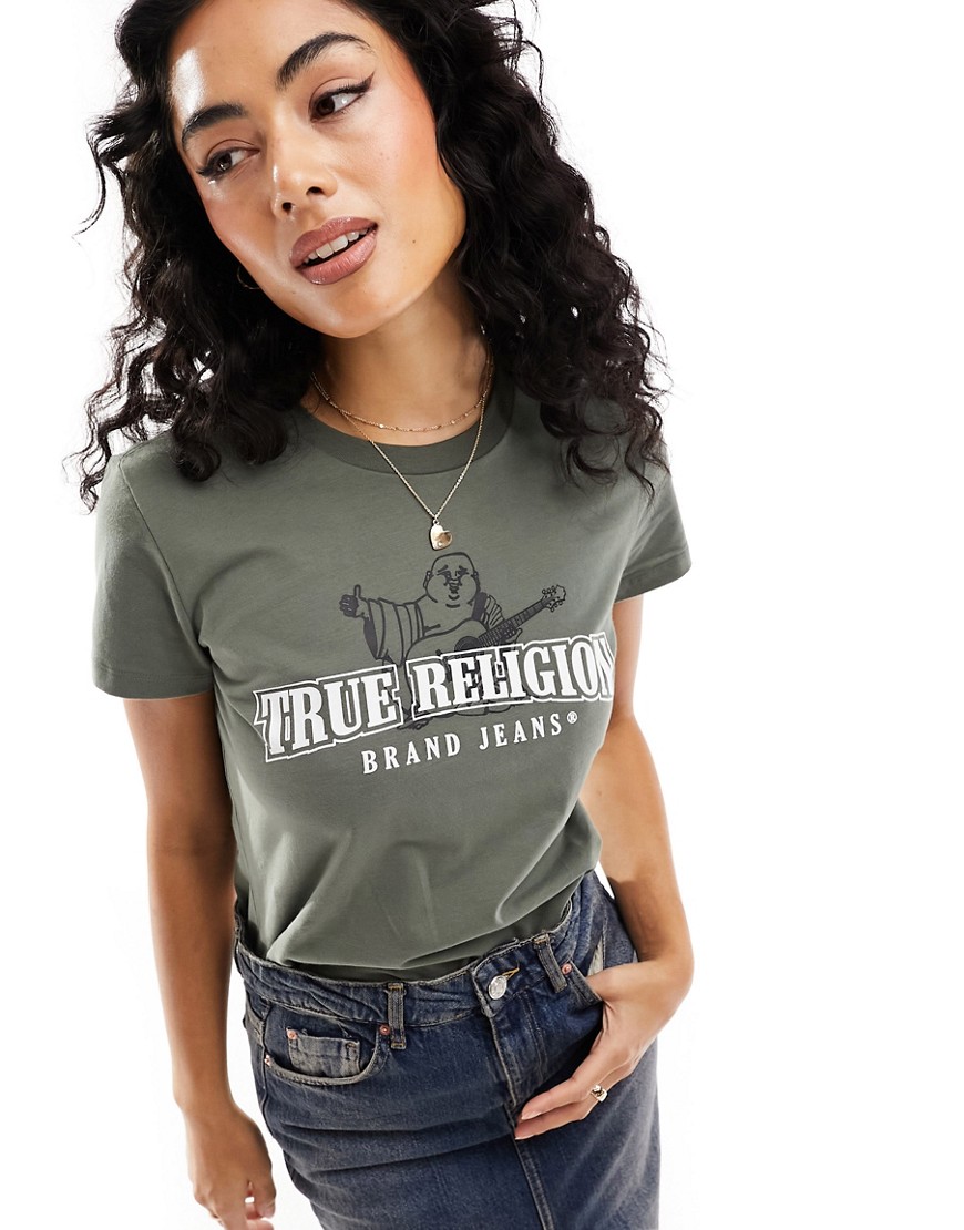 True Religion slim fit logo tee in khaki green