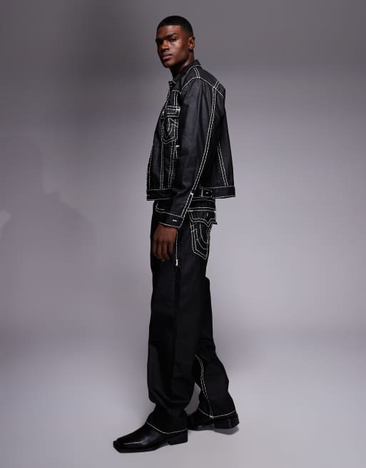 True Religion - Sort forvasket sæt bestående af jeans og oversized jakke med belægning i 'Super T'-stil