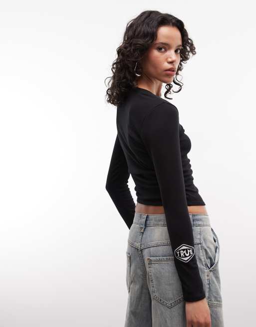 True Religion - Sort ribbet top med asymmetrisk snit og applikationer i denim, 4 af 4