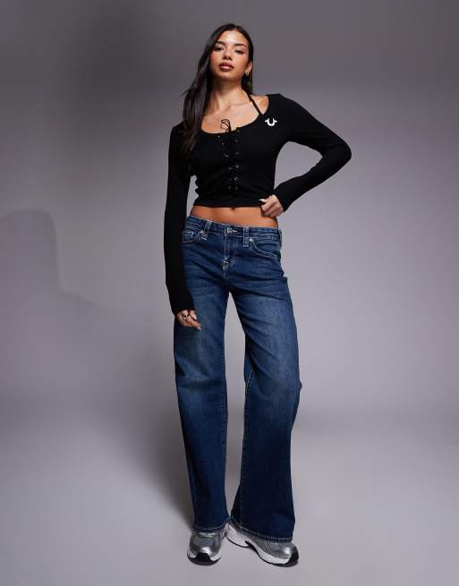 True Religion - Sort ribstrikket halterneck-top med lange ærmer og snøredetalje, 2 af 4