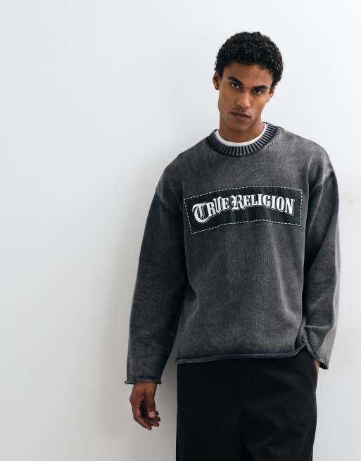 True Religion stickad tröja med rund halsringning och jeansapplikation i svart, 2 av 5