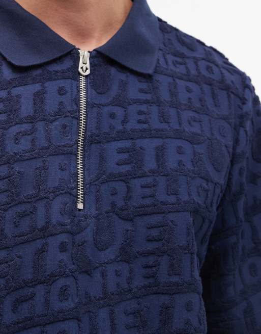 True Religion – Strukturiertes Polohemd aus Frottee in Mitternachtsblau mit Logo, Kombiteil, 3 von 5