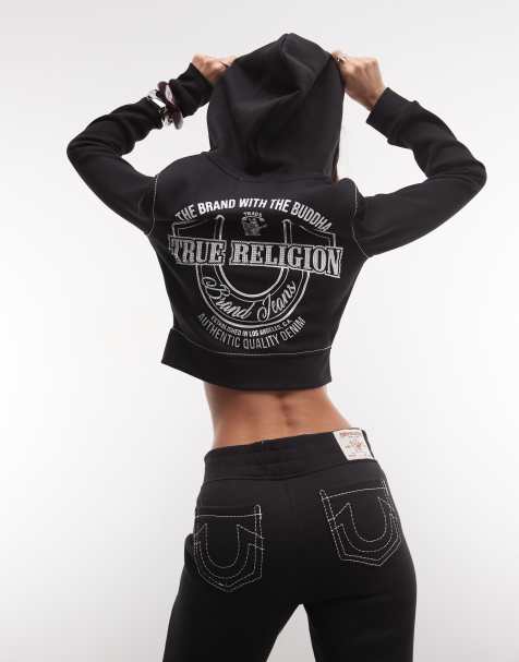 True Religion sudadera con capucha de conjunto, con cremallera, gráfico trasero y adornos de cristal, en negro - view 1